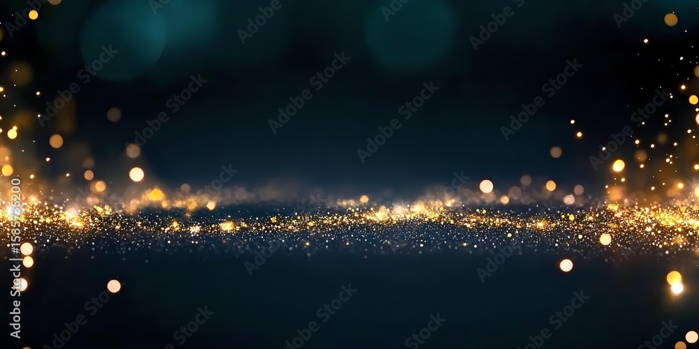 Poster abstract dark background with golden glowing particles and bokeh lights creating magical atmosphere 