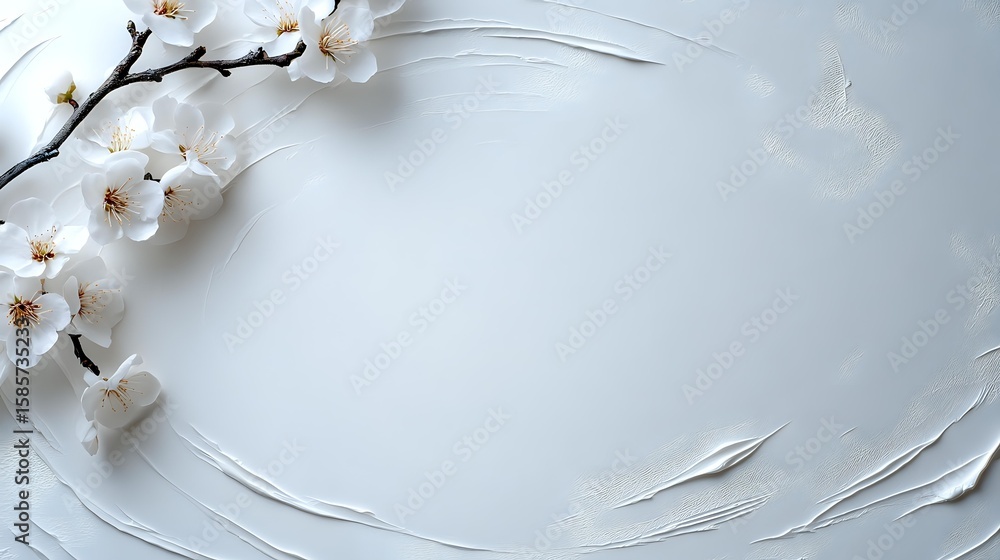 Poster delicate white cherry blossoms on branch against soft textured background with gentle curves and sha
