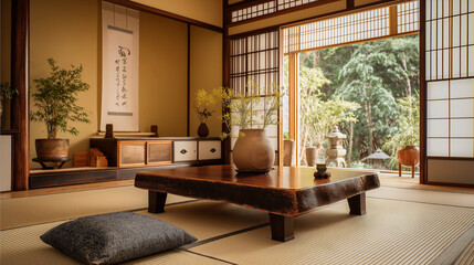 Fototapeta premium Serene Japanese Tea Room: Tranquil Zen Interior