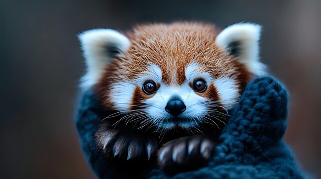 Adorable red panda cub with bright blue eyes peeking out from cozy navy blue knitted scarf, close-up portrait against blurred natural background.