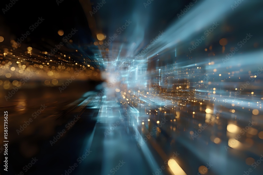 Poster abstract motion blur with glowing blue light rays and golden bokeh particles creating dynamic perspe