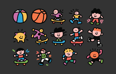 Obraz premium Joyful Kids Skateboarding, Playing Ball: Bold Line Art Illustrations