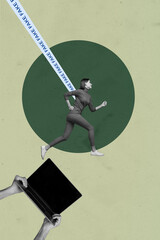 Vertical artwork pop collage of happy puzzled girl listen fake news propaganda fishing spam problem agitation disinformation