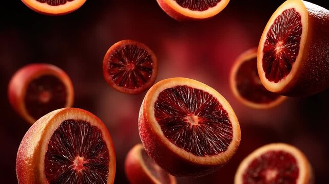 Sliced blood oranges in mid-air