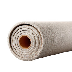 A close-up view of a tightly rolled beige yoga mat with a textured surface.