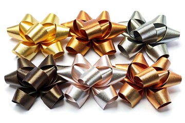 A group of six shiny satin gift bows in metallic and warm tones