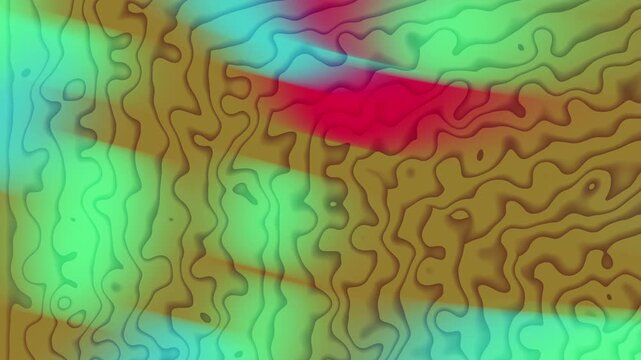 unique abstract background topographic pattern featuring organic lines, fluid over earthy brown tones with bold neon accents in red, green, and cyan. The design evokes a blend of natural terrain and f