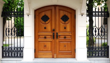 Fototapeta premium Ornate wooden double doors, archway, and wrought iron fence