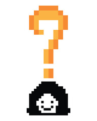 Obraz premium Pixel art cartoon character woman with question mark decoration 8 bit female girl lady confused idea question mark think questionnaire choose cartoon pixel game 8bit png vector.