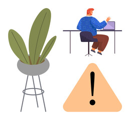 Person working on a laptop at a desk, decorative indoor plant, and caution warning triangle. Ideal for workplace, productivity, remote work, safety, alerts design and focus. Simple flat metaphor