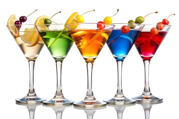 Five colorful cocktails garnished with fruit and olives in martini glasses