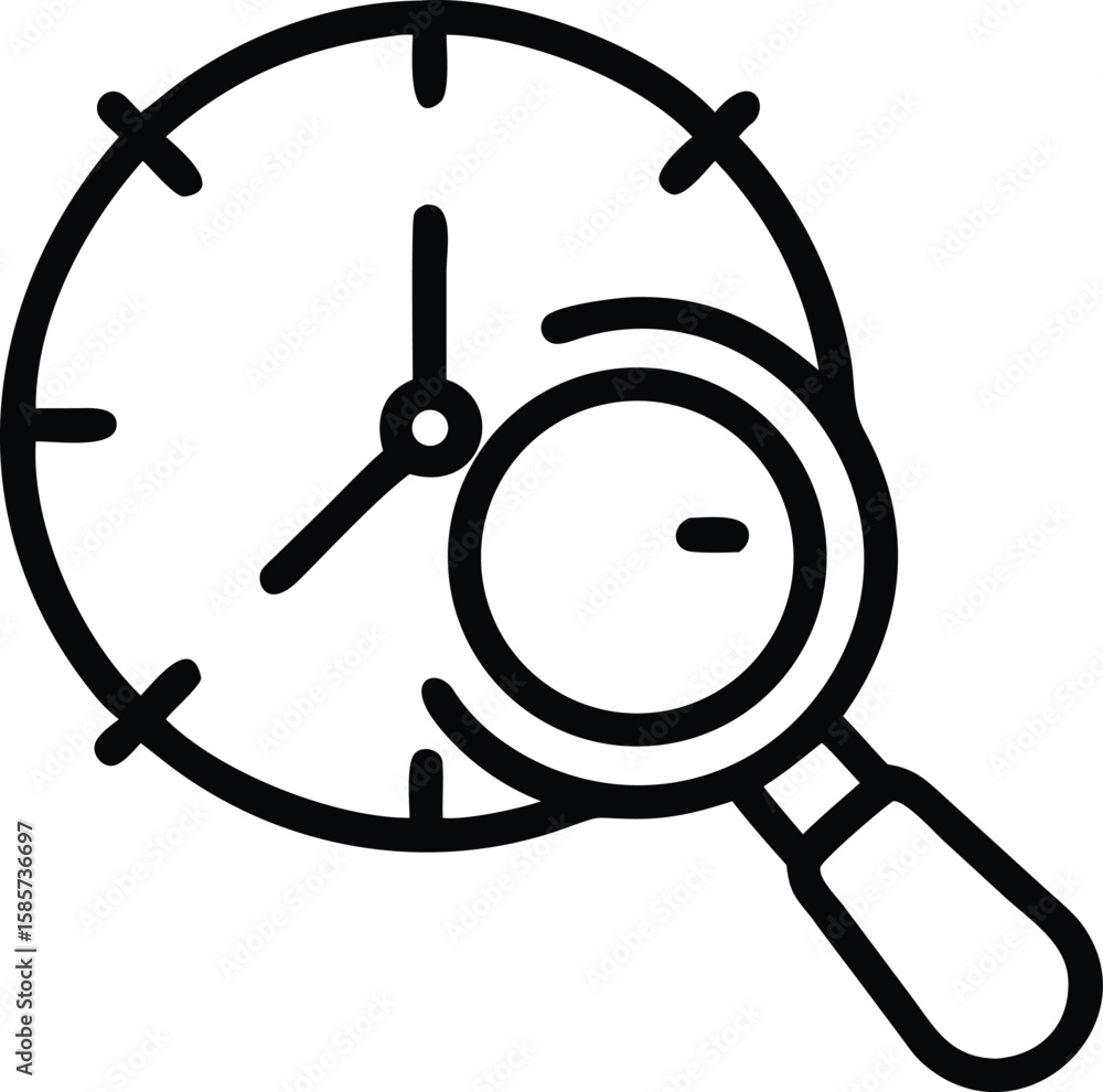 Poster magnifying glass over clock line art icon for search and find time