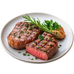 Two grilled steak pieces garnished with green herbs and a sprig of rosemary on a white plate.