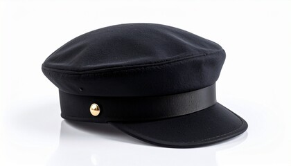 A flat-topped black newsboy cap with a short brim and gold side buttons—evoking themes of vintage utility, stylish restraint, and the silent confidence carried in timeless silhouettes
