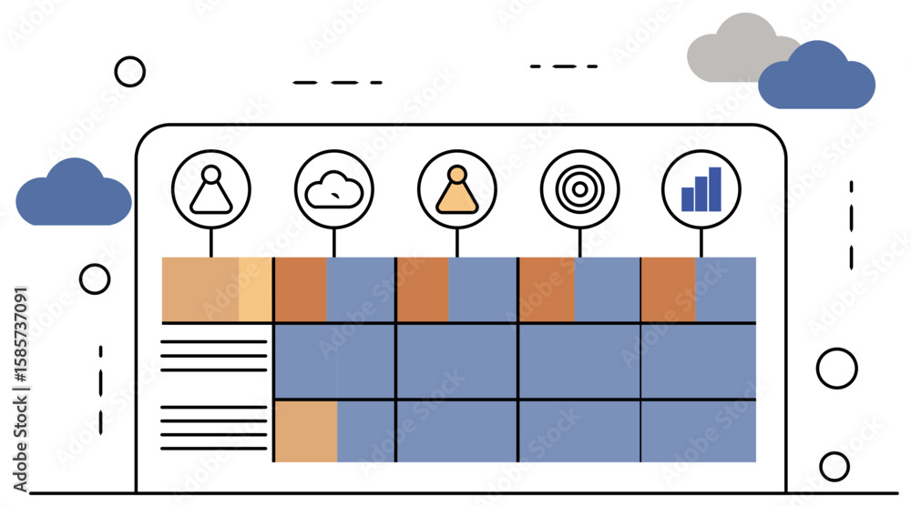 Poster timeline graph illustrating key stages of digital shift in companies featuring cloud and workflow ic