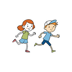 Two happy children playing a game of tag outdoors in a cartoon sketch style