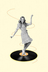 Poster trend collage of person stand dance vinyl plate on pastel color background