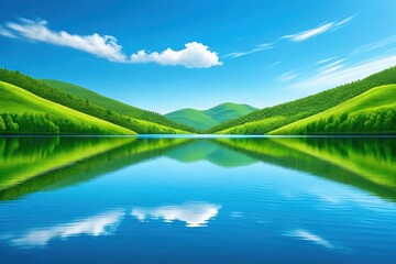 Serene green hills reflecting in a calm blue lake under a sunny sky
