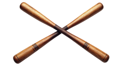 Two wooden baseball bats crossed in X shape with classic sports equipment detail isolated on white background