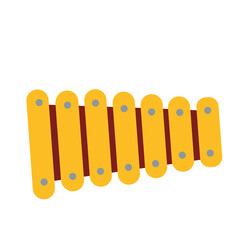 Yellow xylophone percussion instrument with mallet, flat style, isolated on white, ideal for education, music, and creative projects.