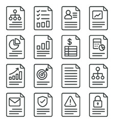 Corporate document icon collection. simple business documents, linear style. report, chart, pie, checklist, user, lock vector icons.