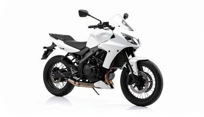 Obraz premium A sleek white motorcycle with black detailing, poised against a white background—symbolizing urban speed, modern design, and engineered freedom.