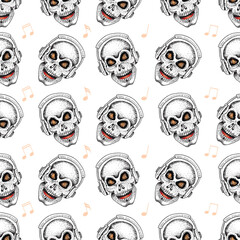 Seamless pattern with human skulls, musical notes and headphones. Vector illustration.
