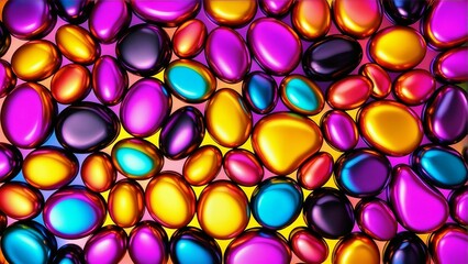 A futuristic abstract digital artwork featuring shiny, oval pebbles in metallic purple, teal, magenta, yellow, and black, with 3D embossed texture, soft gradients, and shimmering highlights arranged i