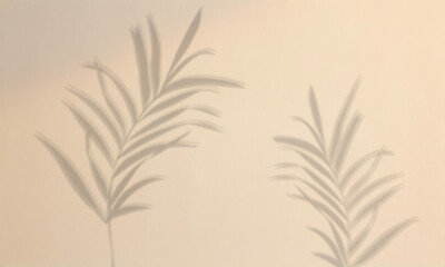 Soft botanical shadows of tropical leaves at sunset light on wall background. Natural leaves tree branch shadows and sunlight dappled on white concrete wall texture for overlay and background