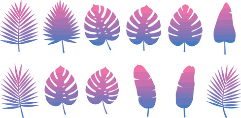 Gradient tropical leaf silhouette collection, modern colorful palm and monstera leaves for summer design, print, decoration, invitation, exotic art