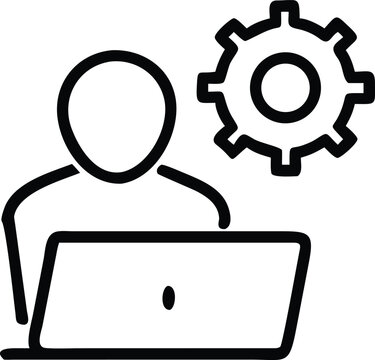 recommend clip art: Man using laptop with gear icon, line art concept, configuration settings
