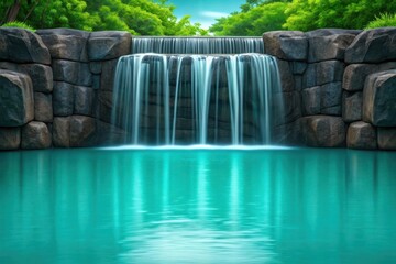 Serene waterfall cascading into a turquoise pool amidst lush greenery