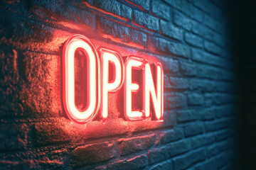 A vivid retro-inspired neon sign reading 'OPEN' in bright red and blue hues. This illuminated sign stands out against a textured brick wall, evoking nostalgia with its electric charm.