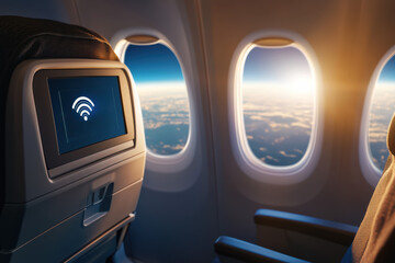 A modern airline seatback screen with inflight Wi-Fi streams live content to a smartphone, while soft cabin lighting and Earth's curvature highlight cutting-edge onboard connectivity.