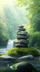 A tranquil scene showcasing a tower of weathered stones on a mossy riverbank. A hidden waterfall flows softly in the misty forest, creating a serene and natural atmosphere.