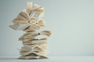 A stack of books defies gravity, levitating in mid-air. With pages frozen and flipping open, this magical scene contrasts starkly against a clean white background.