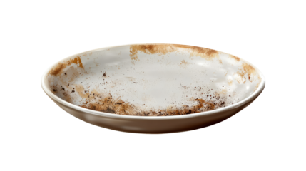 Used dirty dish with leftover food stains and grease marks isolated on white background