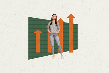Picture trend collage of person stand front graphs image on grey background