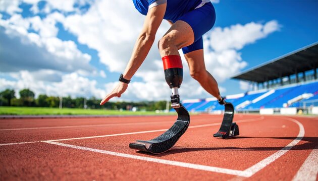 Athlete with prosthetic leg poised for sprint on track under a bright sky in a stadium