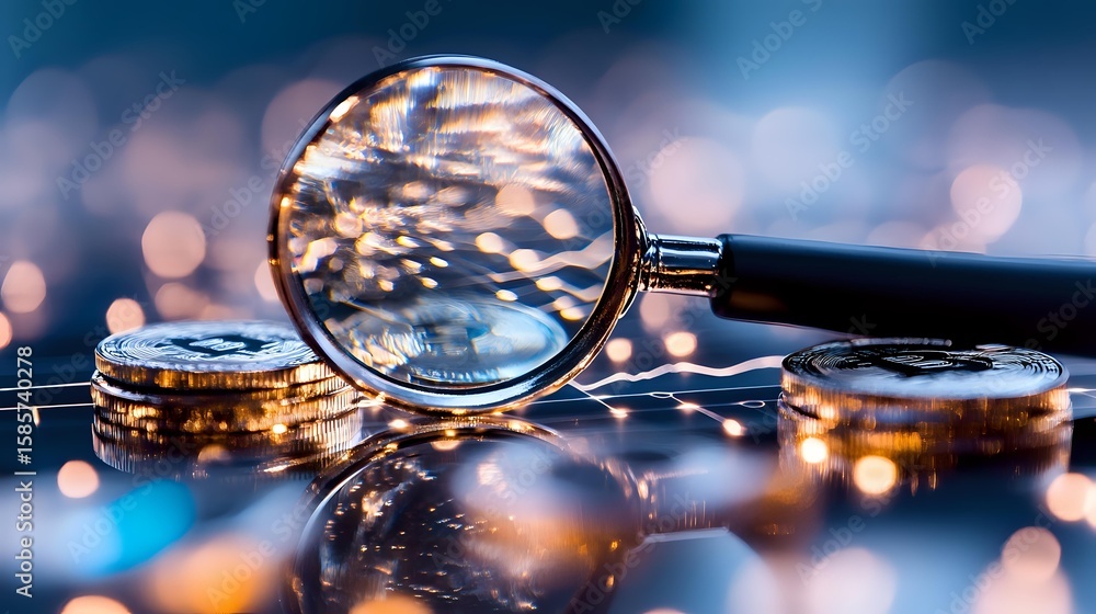 Poster magnifying glass examining stack of coins on reflective surface with blurred bokeh lights background