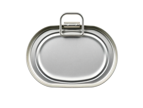Silver tuna can with a pull ring sits isolated on transparent background