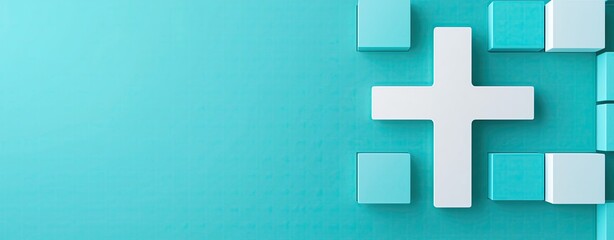 Fototapeta premium blue background with minimalist flatstyle cross floating in layers of squares and soft glows, modern medical branding illustration in light tones