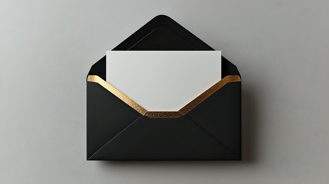 Black luxury envelope with blank white card and gold trim detail on dark background, elegant stationery mockup for branding and wedding invitations.