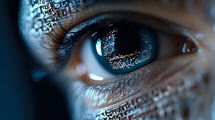 Digital code reflection in human eye macro shot with programming text and binary data mirrored on iris surface showing technology integration.