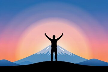 Silhouette of a person celebrating on a hilltop with a mountain at sunset