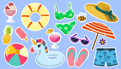 A collection of stickers featuring various summer beach items. Swimsuits, sunglasses, ice cream, umbrella, inflatables. Vector design icons