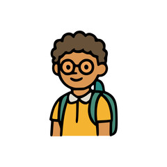 Happy schoolboy character with round spectacles, collared shirt, and school bag in flat vector style