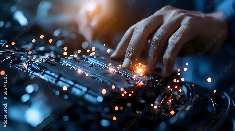 Poster african american hands typing on illuminated keyboard with glowing orange light effects and bokeh, c