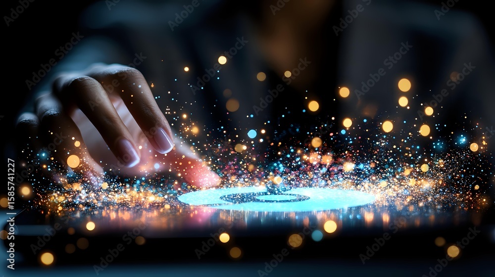 Aufkleber finger touching digital screen with magical glowing particles and light effects creating futuristic 
