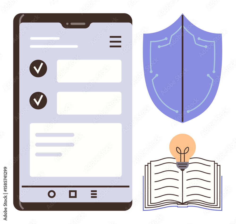 Poster mobile device showing task checklist, shield representing protection, open book with glowing bulb. i
